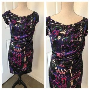 Black Silk Graphic Print Dress Fitted Short Sleeve